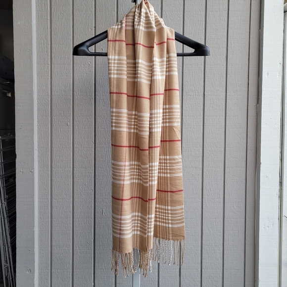 Soft Plaid Fringe Scarf Tan Red White Winter - Picture 10 of 10